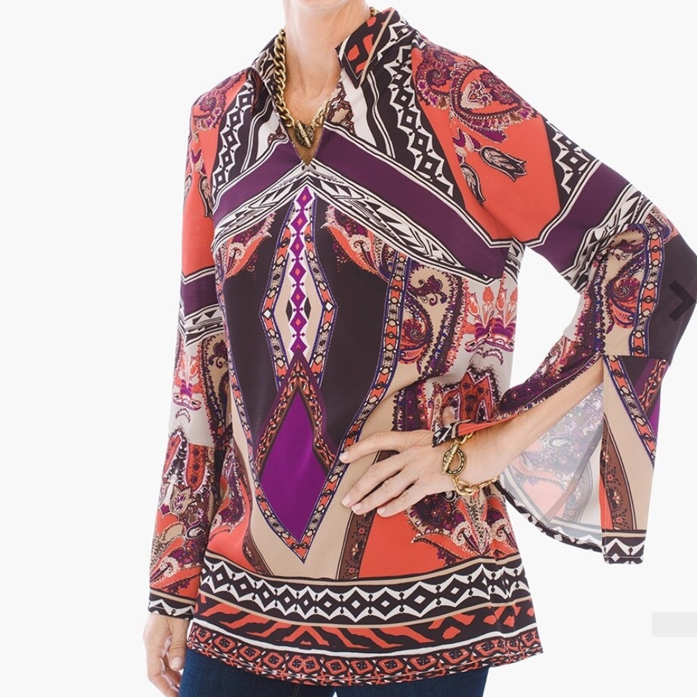 Chico's Paisley Bohemian V Neck Long Sleeve Brown & Purple Tunic Blouse Size 8